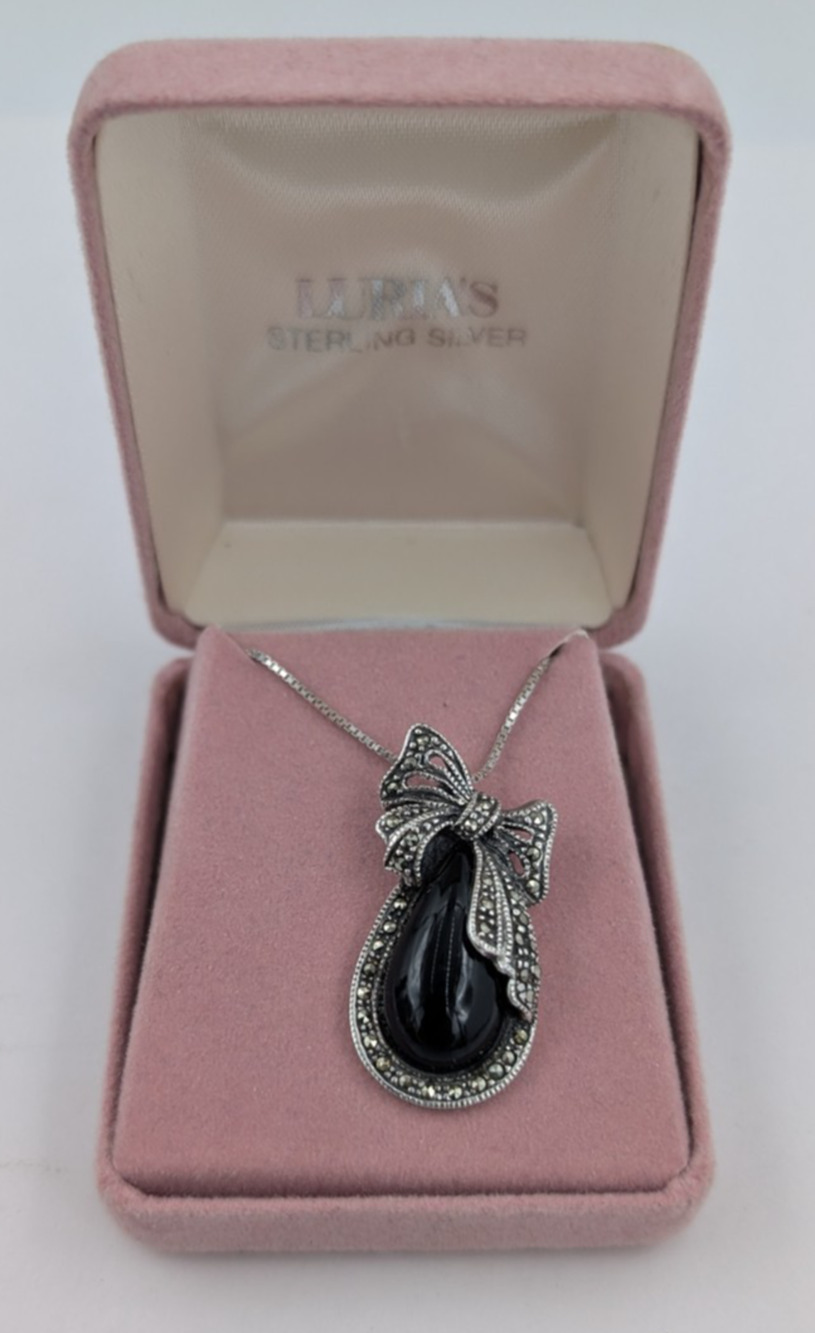 Vintage Sterling Silver Black Onyx Marcasite Bow Tear Drop Pendant - Luria's